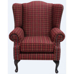Chesterfield Saxon High Back Wing Chair Balmoral Claret Check Tweed Wool In Mallory Style - thumbnail 2