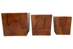 Orsina Luxe Set Of 3 Teak Root Stools,rustic Wooden Bar Stools With Brown Finish,prominent Grained Kitchen Stools