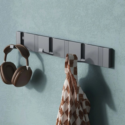 Grey Foldable Aluminium Wall Coat Rack 4 Hooks - image 1