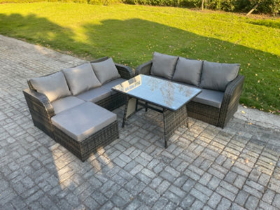 Fimous 7 Seater Garden Furniture Sofa Set Rectangular Dining Table Big Footstool Indoor Outdoor Rattan Set Dark Grey Mixed - image 1