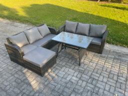 Fimous 7 Seater Garden Furniture Sofa Set Rectangular Dining Table Big Footstool Indoor Outdoor Rattan Set Dark Grey Mixed - thumbnail 2