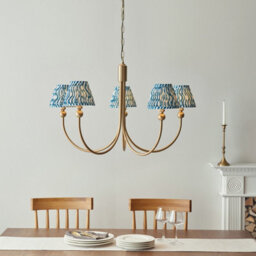 Luminosa Lighting Luminosa Santiago Brushed Aged Brass Plate Pendant Light With Marlin Blue Fabric Ripple Shade 16Cm 5X B22 - thumbnail 2
