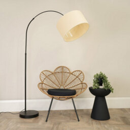 Valuelights Louis Black Arched Curved Floor Lamp With Natural Wicker Drum Lamp Shade - thumbnail 3
