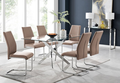 Furniturebox Uk Leonardo Glass And Chrome Metal Dining Table And 6 Cappuccino Beige Lorenzo Leather Chairs - image 1