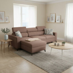 Baltico I Mini Modern Corner Sofa Bed Has Adjustable Profiled Headrests Storage Compact Fabric Lshape Settee Light Brown Left - thumbnail 1