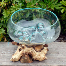 Large Open Molten Glass Bowl With Wooden Base Decorative Centrepiece - thumbnail 3