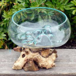 Large Open Molten Glass Bowl With Wooden Base Decorative Centrepiece - thumbnail 2