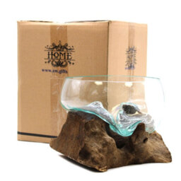 Large Open Molten Glass Bowl With Wooden Base Decorative Centrepiece - thumbnail 7