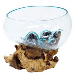 Large Open Molten Glass Bowl With Wooden Base Decorative Centrepiece - thumbnail 1