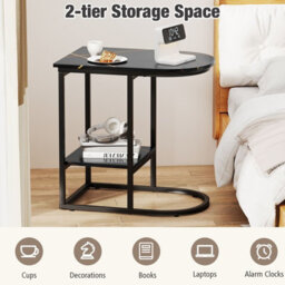 Costway C-Shaped End Table Modern Sofa Side Table W/faux Marble Tabletop-Black - thumbnail 7