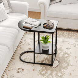 Costway C-Shaped End Table Modern Sofa Side Table W/faux Marble Tabletop-Black - thumbnail 5