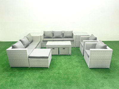 Fimous Outdoor Garden Furniture Rattan Sofa Set 2 Armchairs Oblong Coffee Table 3 Stools 2 Side Tables Light Grey - image 1