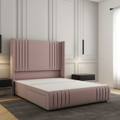 REGIONAL FURNISHINGS Divan Bed Set Pink Plush Velvet Upholstered 54Inch Headboard 2Drawers Footend & No Mattress In Double King 4Ft 6Ft Sizes - image 1