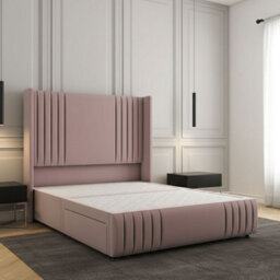 REGIONAL FURNISHINGS Divan Bed Set Pink Plush Velvet Upholstered 54Inch Headboard 2Drawers Footend & No Mattress In Double King 4Ft 6Ft Sizes - thumbnail 1