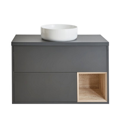 Homestylestore Black Grey 1000mm Wall Hung Bathroom Vanity Unit With Round Countertop Basin And Led Light - image 1