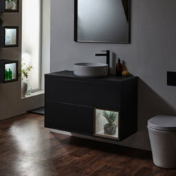 Homestylestore Black Grey 1000mm Wall Hung Bathroom Vanity Unit With Round Countertop Basin And Led Light - thumbnail 3