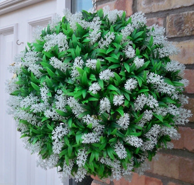 Pair Of Best Artificial 38Cm White Lush Lavender Hanging Basket Flower Topiary Ball - Weather & Fade Resistant - image 1