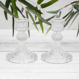 Annibells 2 X Vintage Clear Glass Harlequin Candlestick Holders (10919) - thumbnail 1