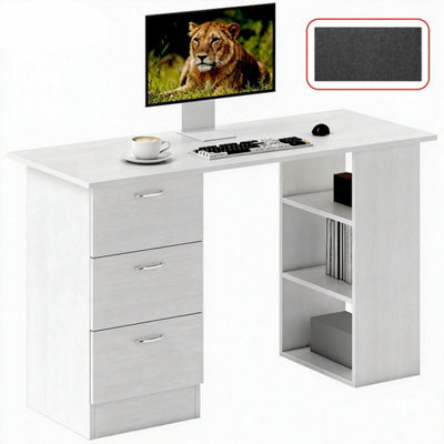 White 120Cm Computer Desk With 3 Drawers & Shelves For Home Office & Study - image 1