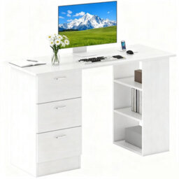 White 120Cm Computer Desk With 3 Drawers & Shelves For Home Office & Study - thumbnail 7
