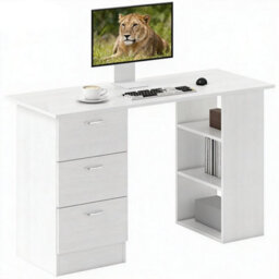White 120Cm Computer Desk With 3 Drawers & Shelves For Home Office & Study - thumbnail 3