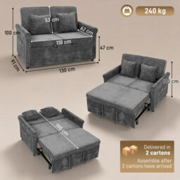 Homcom 2 Seater Sofa Bed, 3-In-1 Convertible Pull Out Sofa Bed, Grey - thumbnail 3