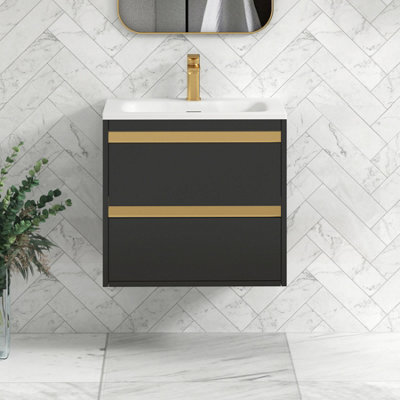 Royal Bathrooms Orion 600mm Matt Obsidian Black 2 Drawer Wall Hung Vanity Unit With Stone Basin & Brushed Brass Strip - image 1