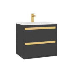 Royal Bathrooms Orion 600mm Matt Obsidian Black 2 Drawer Wall Hung Vanity Unit With Stone Basin & Brushed Brass Strip - thumbnail 6