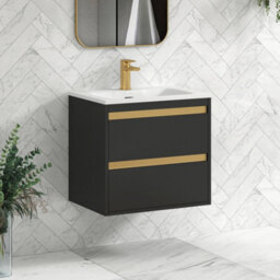 Royal Bathrooms Orion 600mm Matt Obsidian Black 2 Drawer Wall Hung Vanity Unit With Stone Basin & Brushed Brass Strip - thumbnail 5