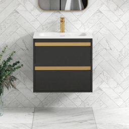 Royal Bathrooms Orion 600mm Matt Obsidian Black 2 Drawer Wall Hung Vanity Unit With Stone Basin & Brushed Brass Strip - thumbnail 2