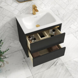 Royal Bathrooms Orion 600mm Matt Obsidian Black 2 Drawer Wall Hung Vanity Unit With Stone Basin & Brushed Brass Strip - thumbnail 4