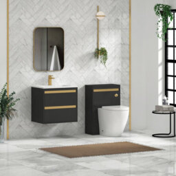 Royal Bathrooms Orion 600mm Matt Obsidian Black 2 Drawer Wall Hung Vanity Unit With Stone Basin & Brushed Brass Strip - thumbnail 3