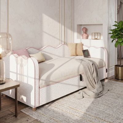 Abrihome Daybed Single 3Ft 90X190Cm, Hydraulic Storage Upholstered Bed, Sofa Bed With Usb Port And Backrest, Boucle Beige Fabric - image 1