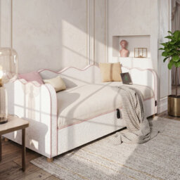 Abrihome Daybed Single 3Ft 90X190Cm, Hydraulic Storage Upholstered Bed, Sofa Bed With Usb Port And Backrest, Boucle Beige Fabric