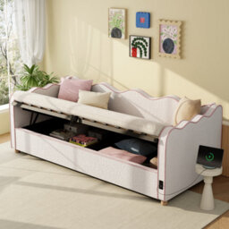 Abrihome Daybed Single 3Ft 90X190Cm, Hydraulic Storage Upholstered Bed, Sofa Bed With Usb Port And Backrest, Boucle Beige Fabric - thumbnail 5