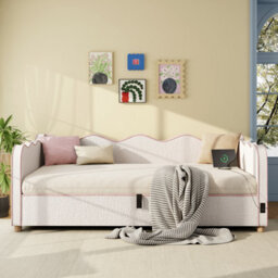 Abrihome Daybed Single 3Ft 90X190Cm, Hydraulic Storage Upholstered Bed, Sofa Bed With Usb Port And Backrest, Boucle Beige Fabric - thumbnail 6