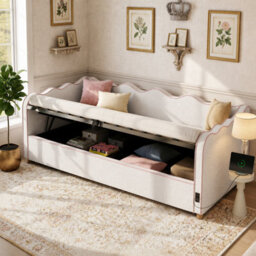 Abrihome Daybed Single 3Ft 90X190Cm, Hydraulic Storage Upholstered Bed, Sofa Bed With Usb Port And Backrest, Boucle Beige Fabric - thumbnail 9