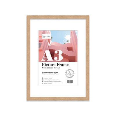 A3 Oak Picture Frame With Mount For A4 (21 X 29.7Cm -8.3 X 11.7In) Poster, Photo, Artwork, Or Print. - image 1