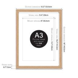 A3 Oak Picture Frame With Mount For A4 (21 X 29.7Cm -8.3 X 11.7In) Poster, Photo, Artwork, Or Print. - thumbnail 2