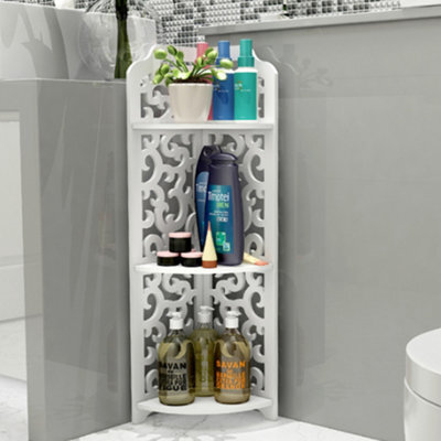 Living And Home 3 Tier Freestanding Corner Bathroom Shelf Carved Shower Storage Organizer Display Rack Shelving Unit White - image 1