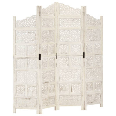 Vidaxl Hand Carved 4-Panel Room Divider White 160X165 Cm Solid Mango Wood Room Dividers - image 1
