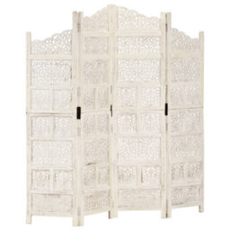 Vidaxl Hand Carved 4-Panel Room Divider White 160X165 Cm Solid Mango Wood Room Dividers - thumbnail 1