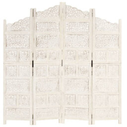 Vidaxl Hand Carved 4-Panel Room Divider White 160X165 Cm Solid Mango Wood Room Dividers - thumbnail 6