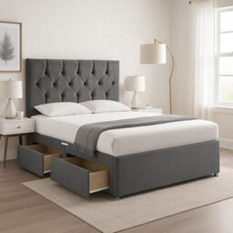 Grey Plush 4Ft Small Double Bed With Matttress  2 Storage Drawers And 20 Inch Chesterfield Headboard