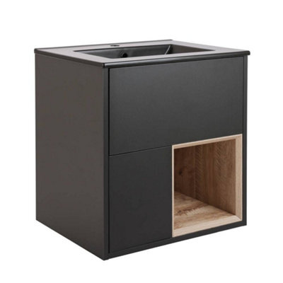 Homestylestore Black Grey 612mm Wall Hung Bathroom Vanity Unit Open Shelf And Graphite Basin - image 1