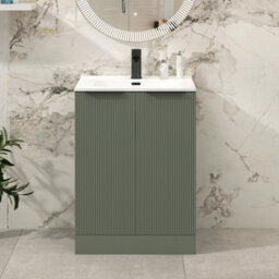 Royal Bathrooms Evora 700mm Sage Green Fluted Floor Standing Bathroom Vanity Unit 2 Door With Ceramic Basin & Matt Black Handles