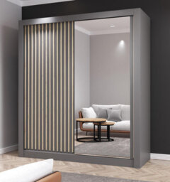 Fhi Kingston 150Cm Grey Sliding Door Wardrobe Modern Bedroom Storage With Full Length Mirror Shelves And Hanging Rails