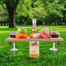 Summit Portable Bamboo Wine Glass & Snack Table Wooden Picnic Table Graze Cheese Board - thumbnail 2