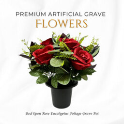 Premium Artificial Grave Flowers - Red Open Roses With Eucalyptus (25Cm) Memorial Vase Pot