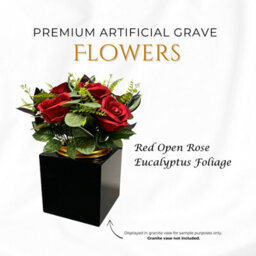 Premium Artificial Grave Flowers - Red Open Roses With Eucalyptus (25Cm) Memorial Vase Pot - thumbnail 2